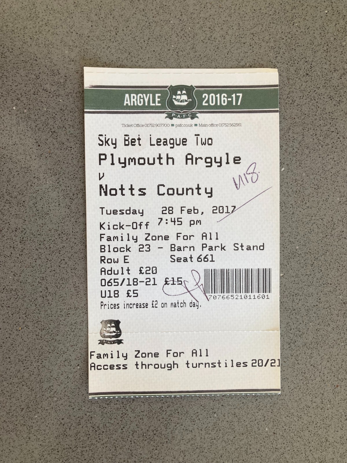 Plymouth Argyle v Notts County 2016-17 Match Ticket