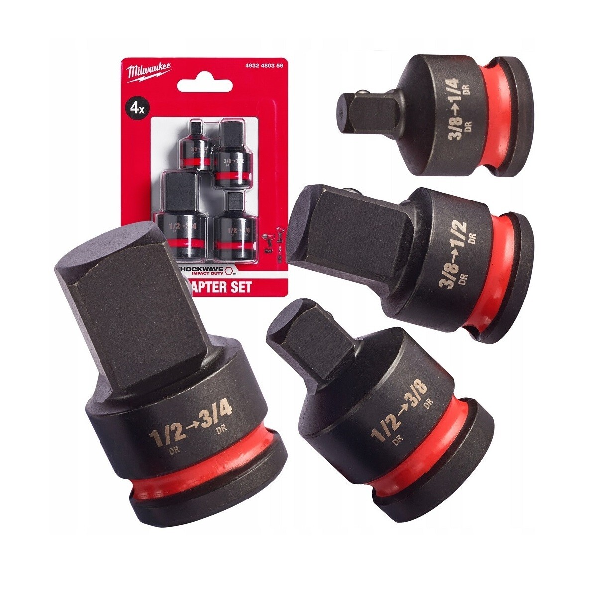 Milwaukee Impact Adaptor Set x4 Shockwave 1/4" 3/8" 1/2" 3/4" SQ Square Adapter