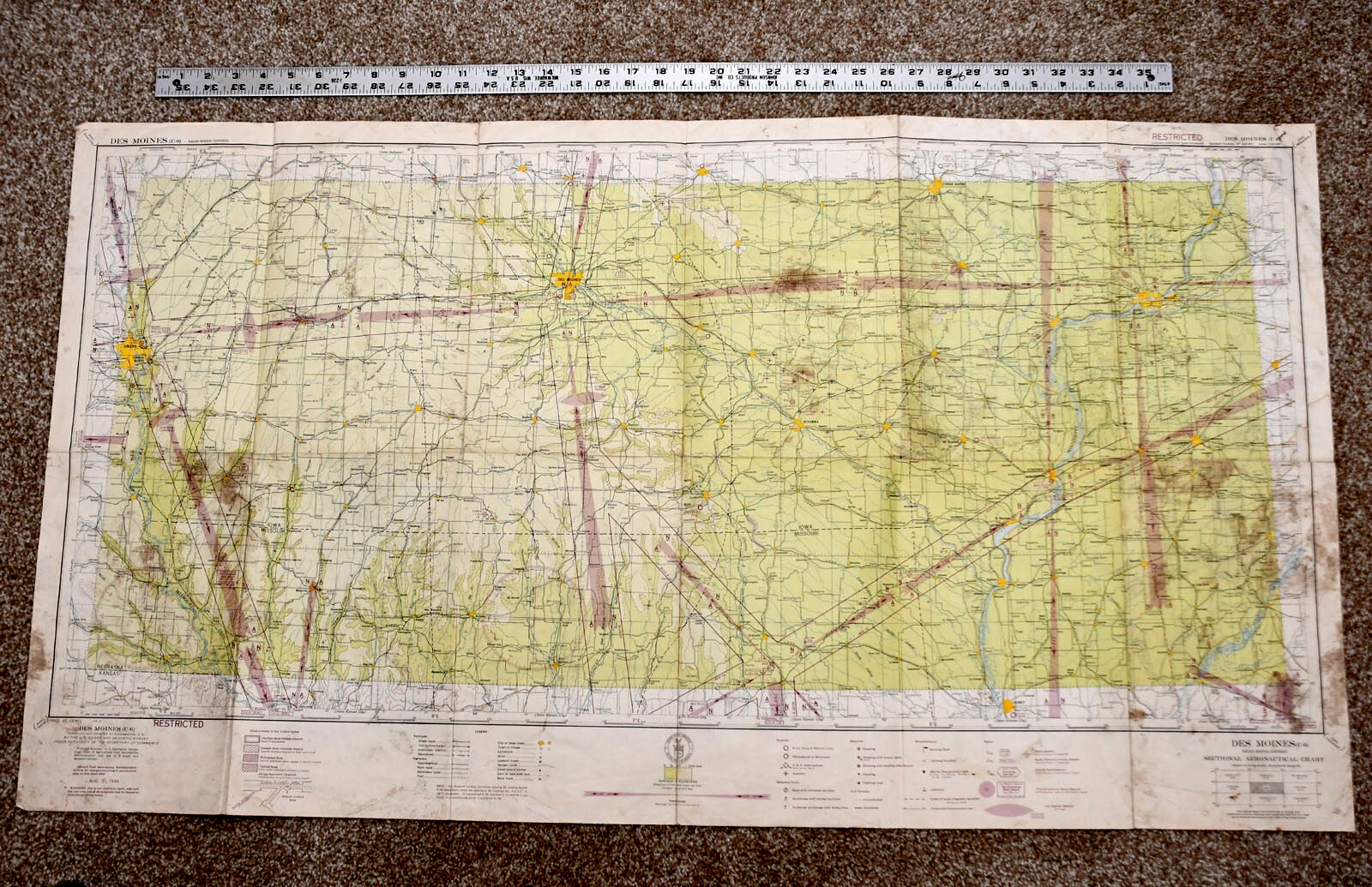 HUGE! (44X24) 1944 Des Moines Sectional Aeronautical Chart Map (U-6) RESTRICTED
