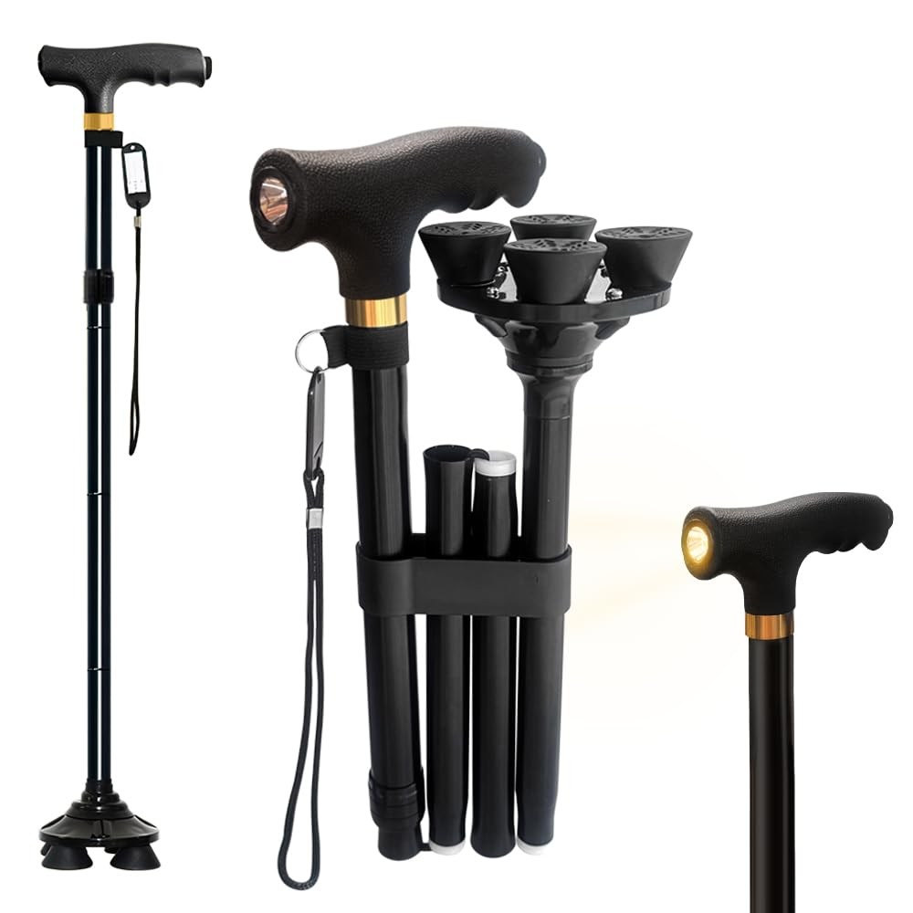 Quad Walking Cane Adjustable Foldable 4 Prong Base Walking Stick