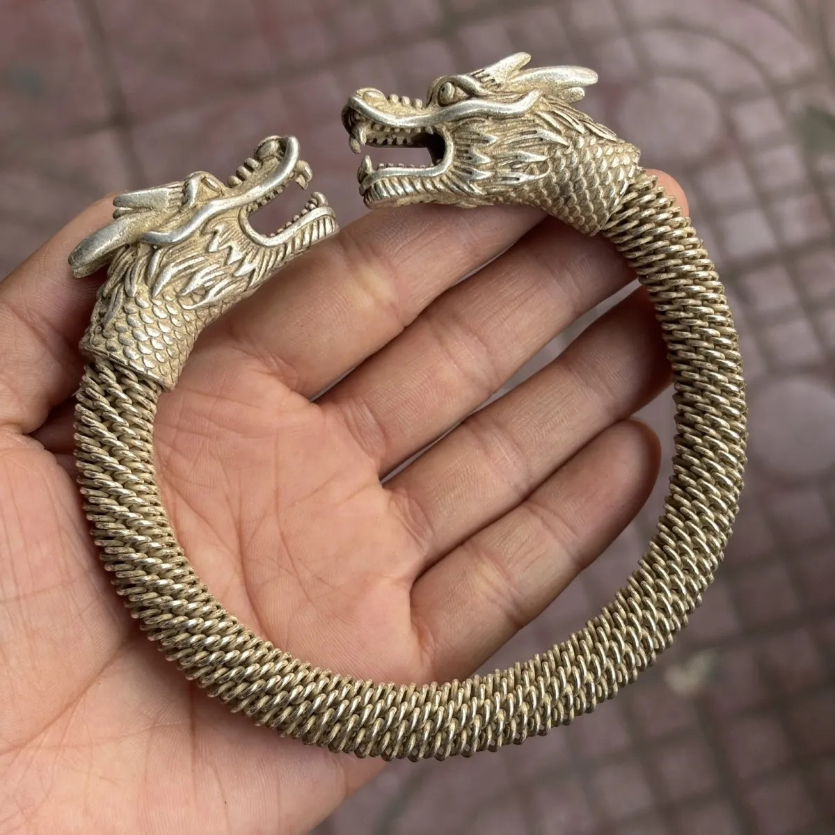 Twisted Wire Silverware Xianglong Bracelet for Men, Old Silver Dragon Wristband