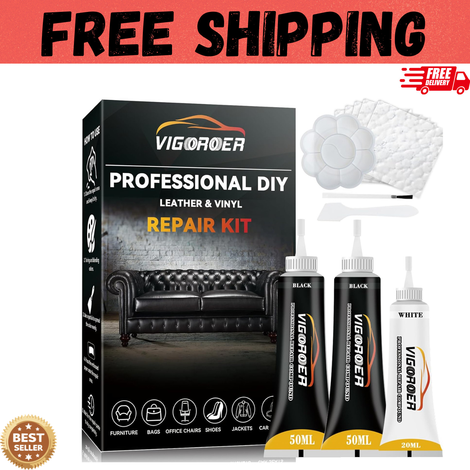 Black Leather Repair Kit for Car Interior, Leather Seat Repair Kit for Cars, Car