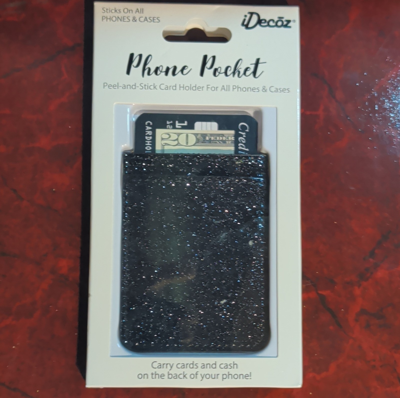 iDecoz Phone Holder Peel-and-Stick Card Pocket Black Glitter Universal GL657C