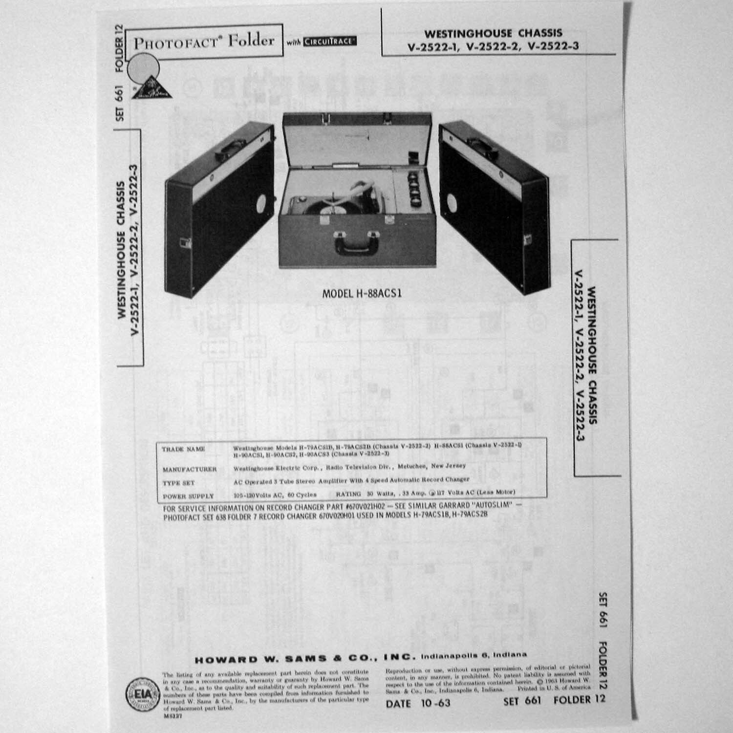 Westinghouse Chassis V-2522-1 + Model H-88ACS1 Phono - SAMS Photofact ™ 1963 New