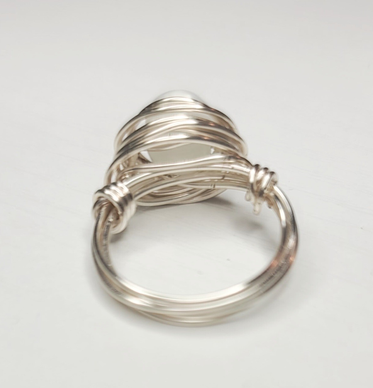 Handmade Wire Wrapped Ring White. Cat Eye Bead Size 7.