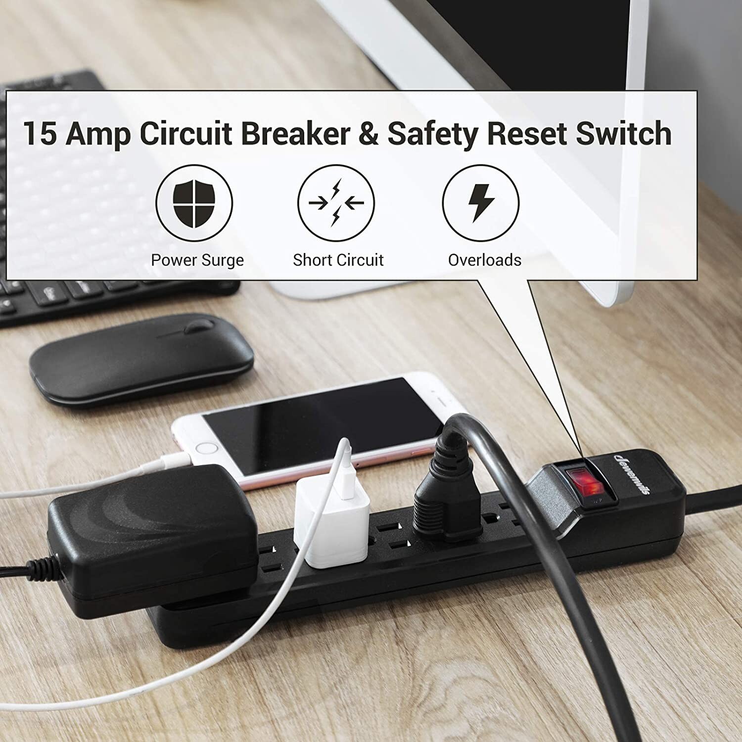 DEWENWILS 2-Pack Surge Protector with 10FT,6-Outlet Strip,ow Profile Flat Plug,