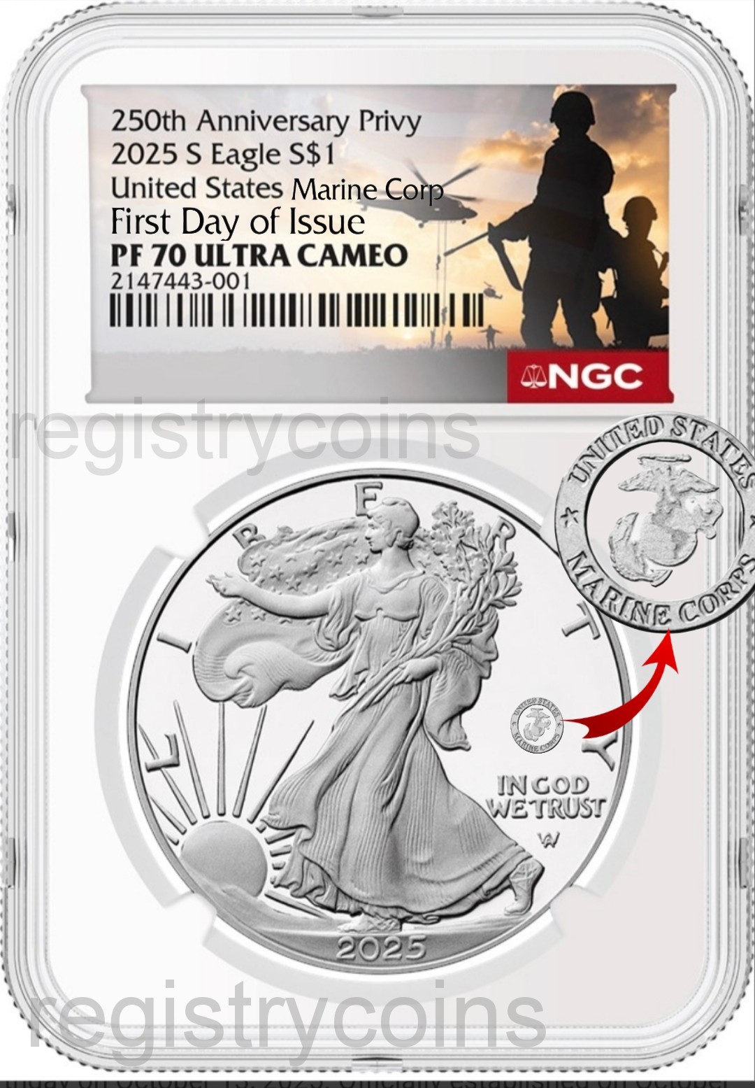 2025 P Silver Eagle US Marine Corp 250th  Privy NGC PF70 First Day Issue ,ready