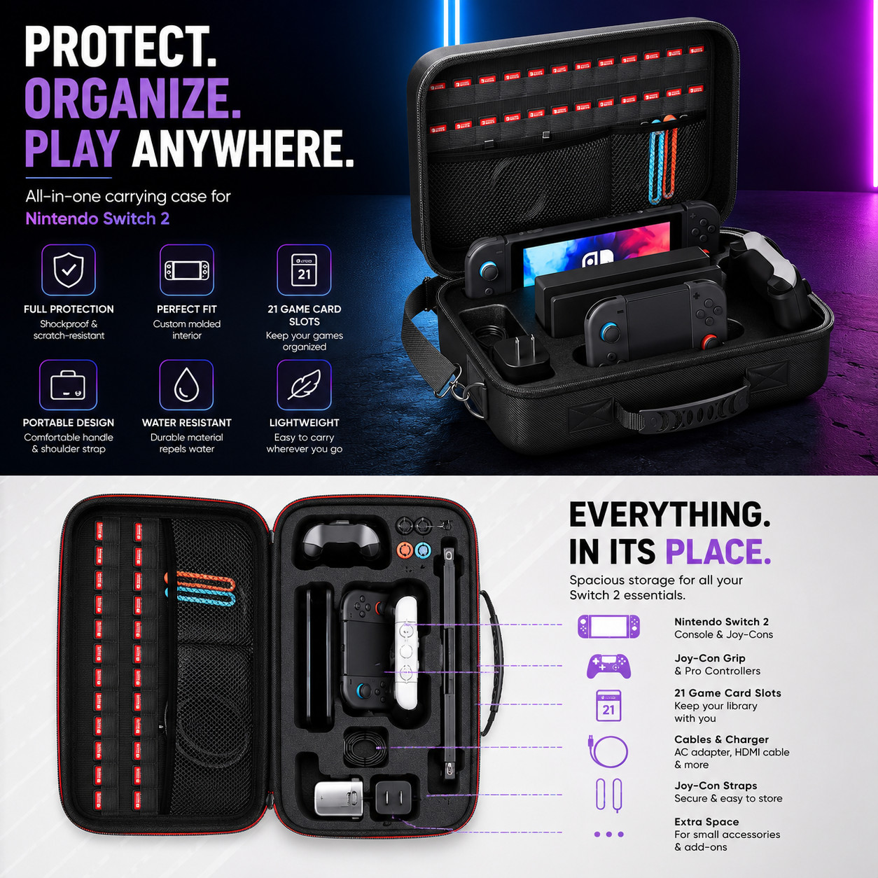 ProCase Large Case for Nintendo Switch 2 24 Game Slots Shoulder Strap