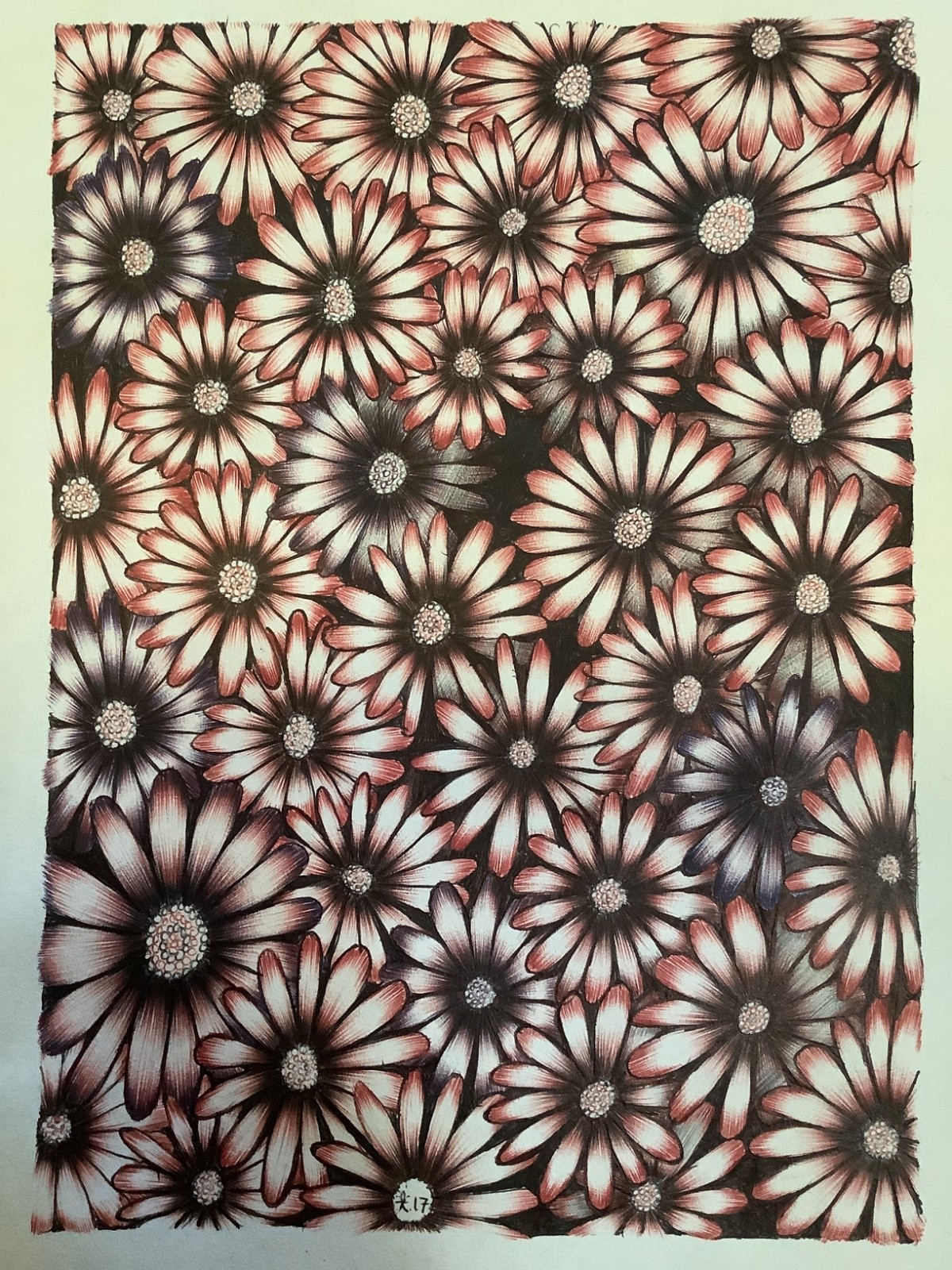 ORIGINAL PEN ILLUSTRATION WALL OF FLOWERS ARTIST DEFN 2017