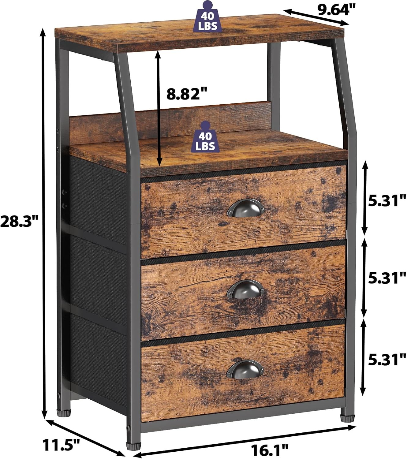 Nightstand with 3 Drawers and 2-Tier Shelf, Fabric Small Dresser Organizer Verti