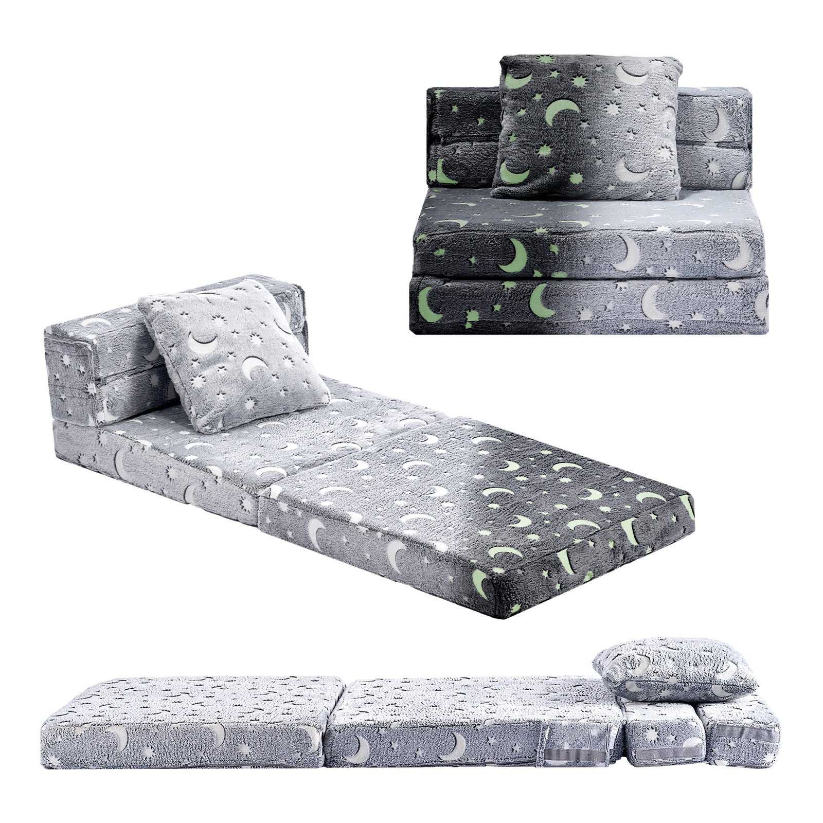 3-in-1 Kids Sofa Convertible Toddler Couch with Glow-in-the-Dark Fabric, Gray