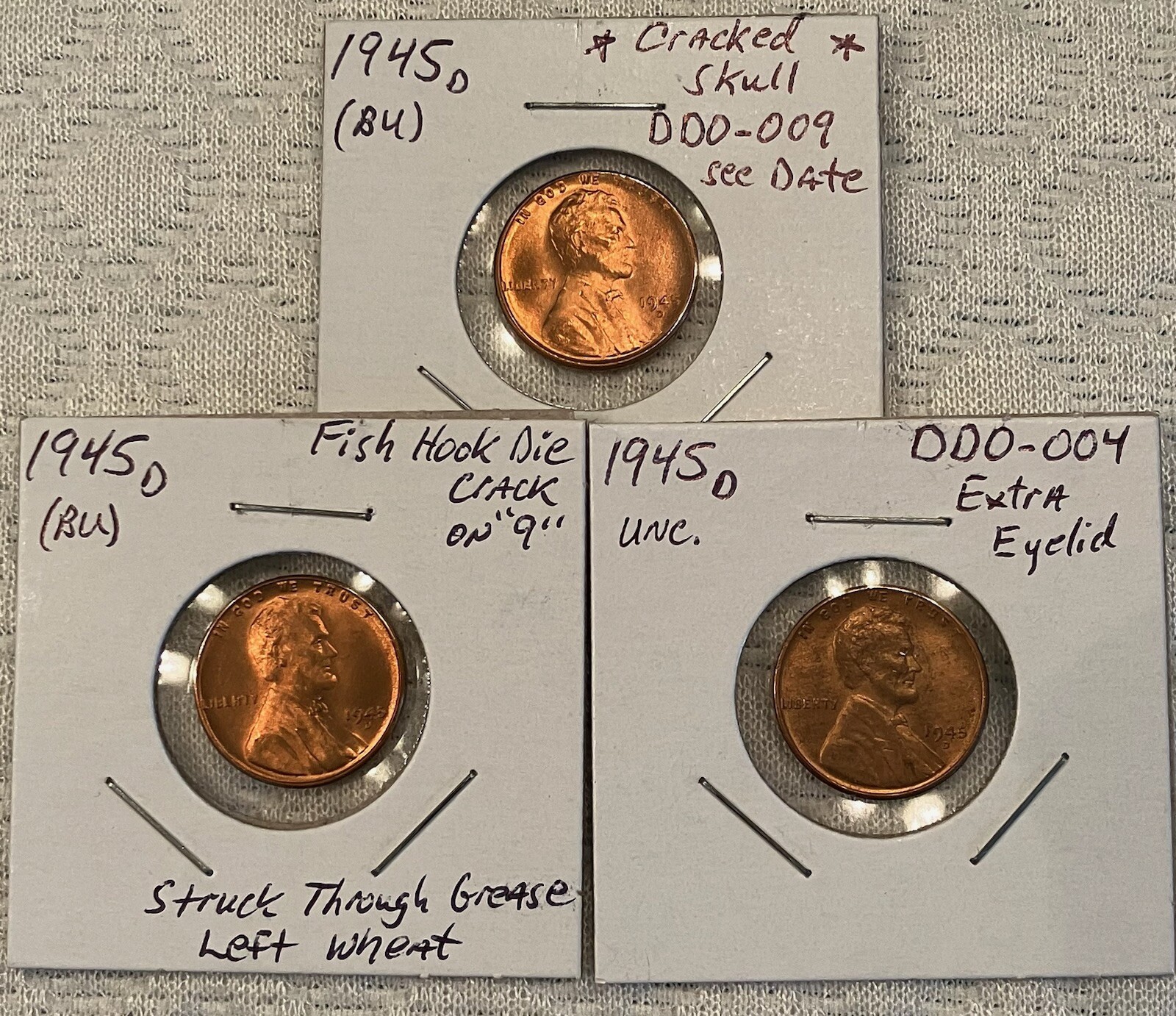 1945 D Lincoln Wheat Pennies DDO's,Cracked skull,struck through grease errors