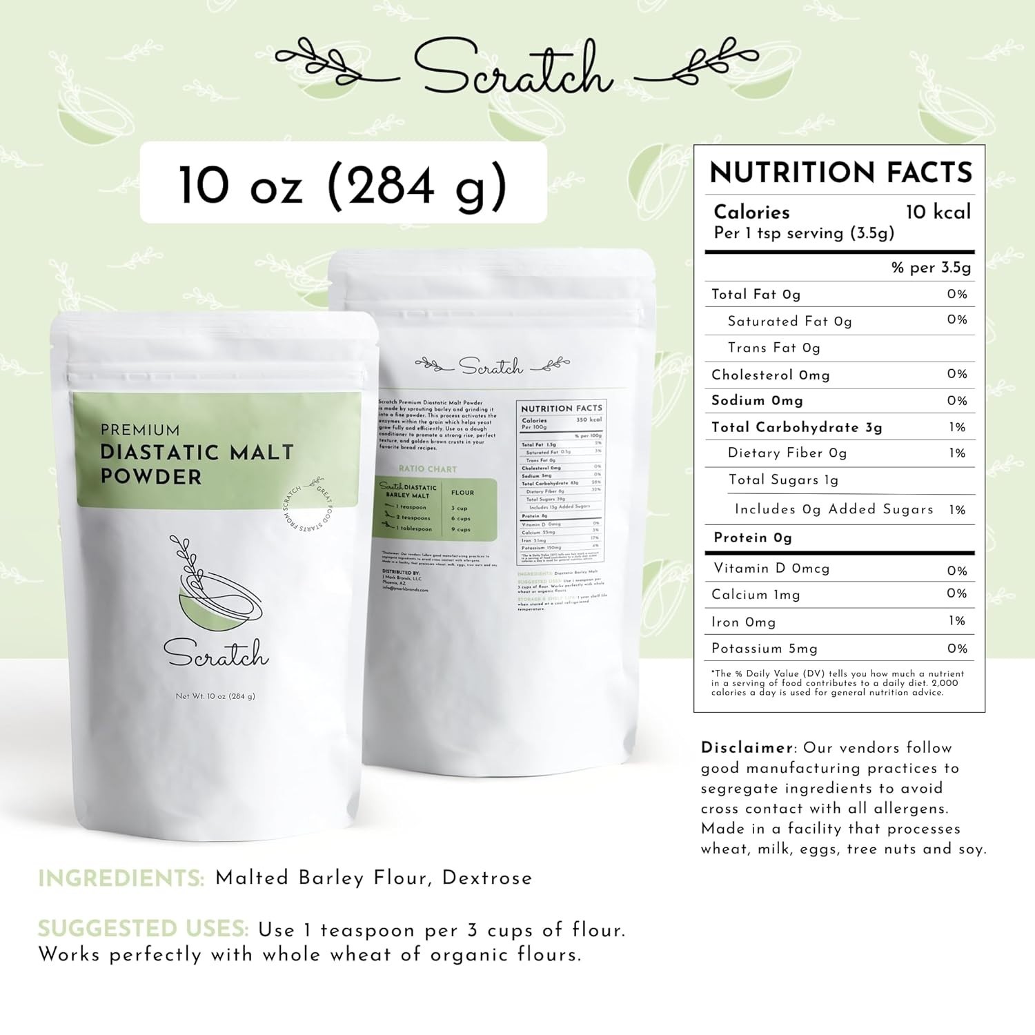 Scratch Diastatic Malt Powder for Baking - (10oz) Dried Barley Bread Improver US