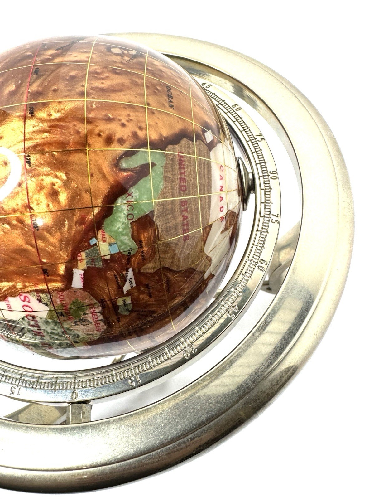 Vtg Kalifano Rotating Copper Amber Opalite Gemstone Globe Silver Stand