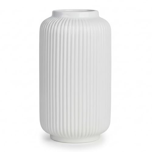 White Ceramic Vase, 8 Inch Ribbed Flower Vase for Bouquet and Pampas White02