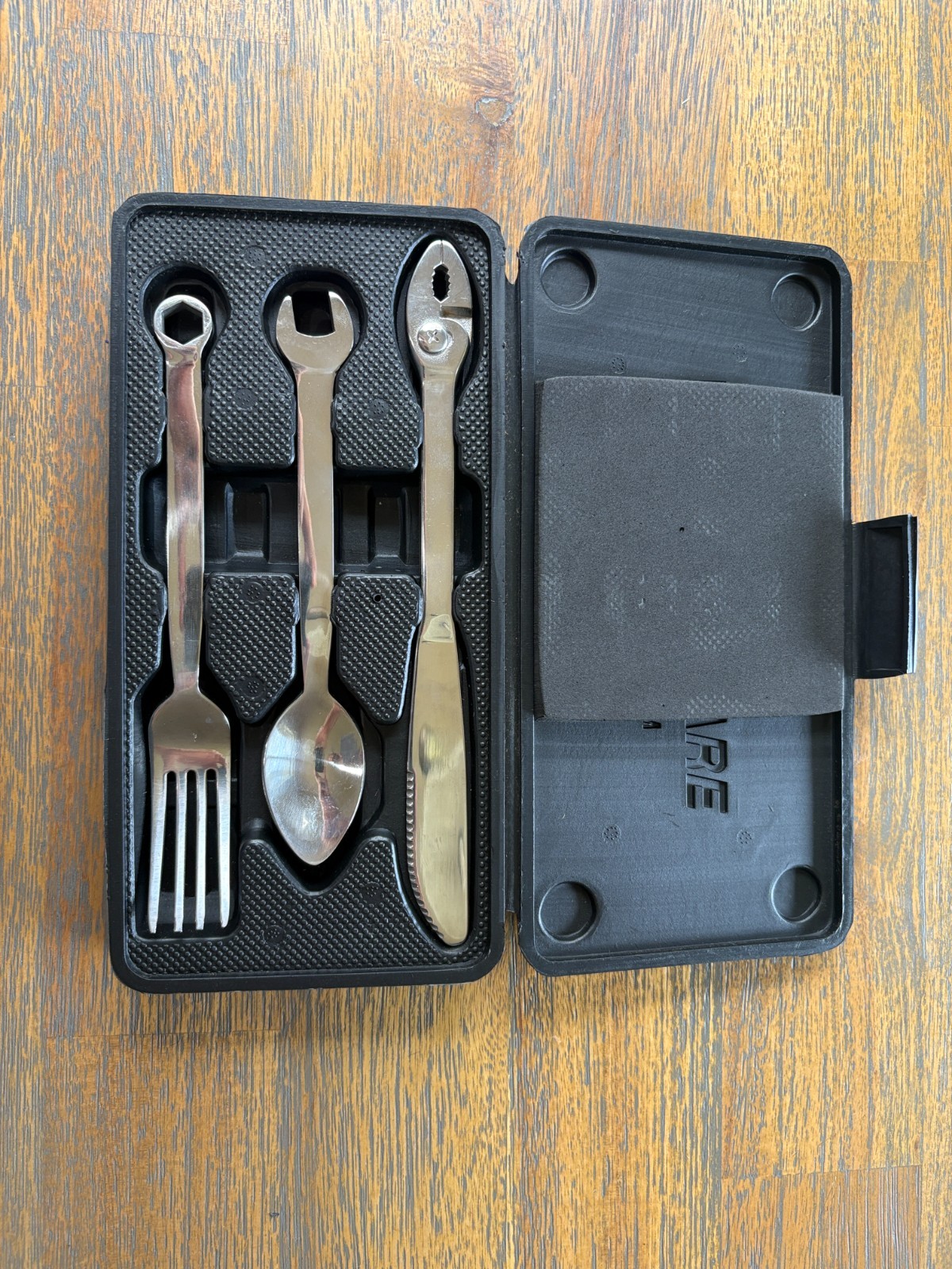 Wrenchware Wrench Handle 3pc Flatware Set Fork Knife Spoon w/ Case.