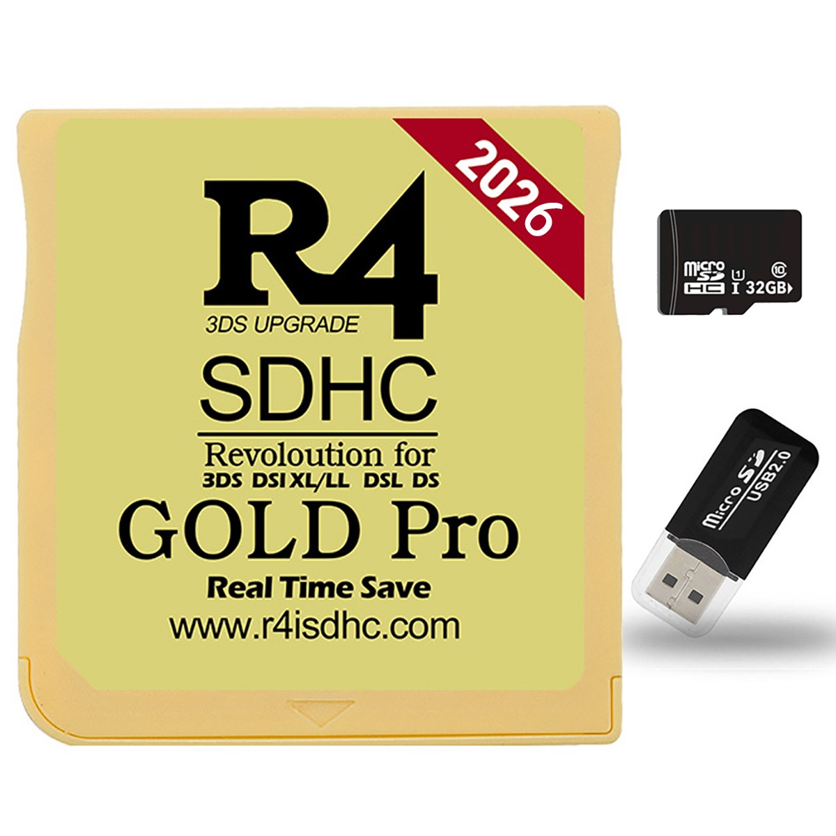 2026 R4 Gold Pro SDHC R4i Cartridge+USB for DS Plug and Play 32GB Card Optional