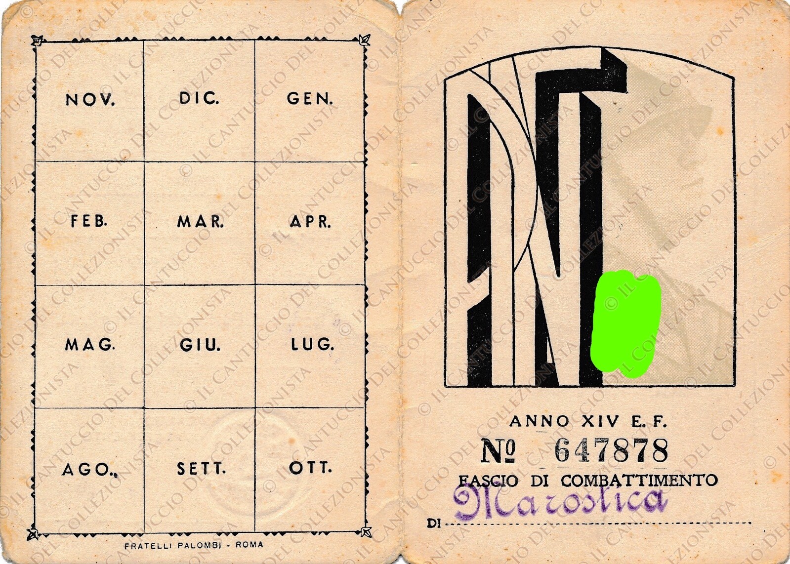 1936 Fascio di Combattimento Marostica anno XIV PNF fascismo tessera