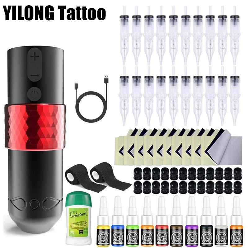 Wireless Rotary Tattoo Pen Kit Coreless Motor Complete 1500mAh Cartridge Needle