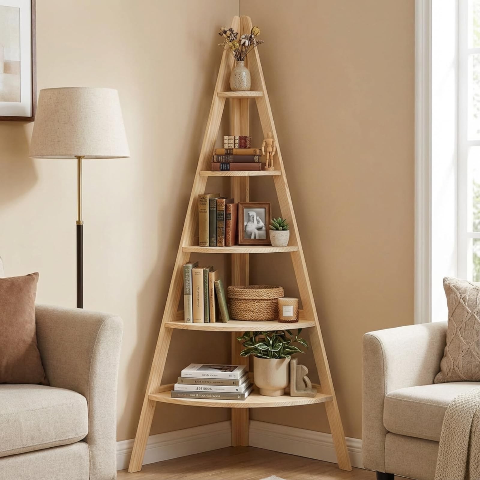 63" Tall Wooden Corner Bookshelf 6 Tier Village Display Stand Large Wood DIY ...