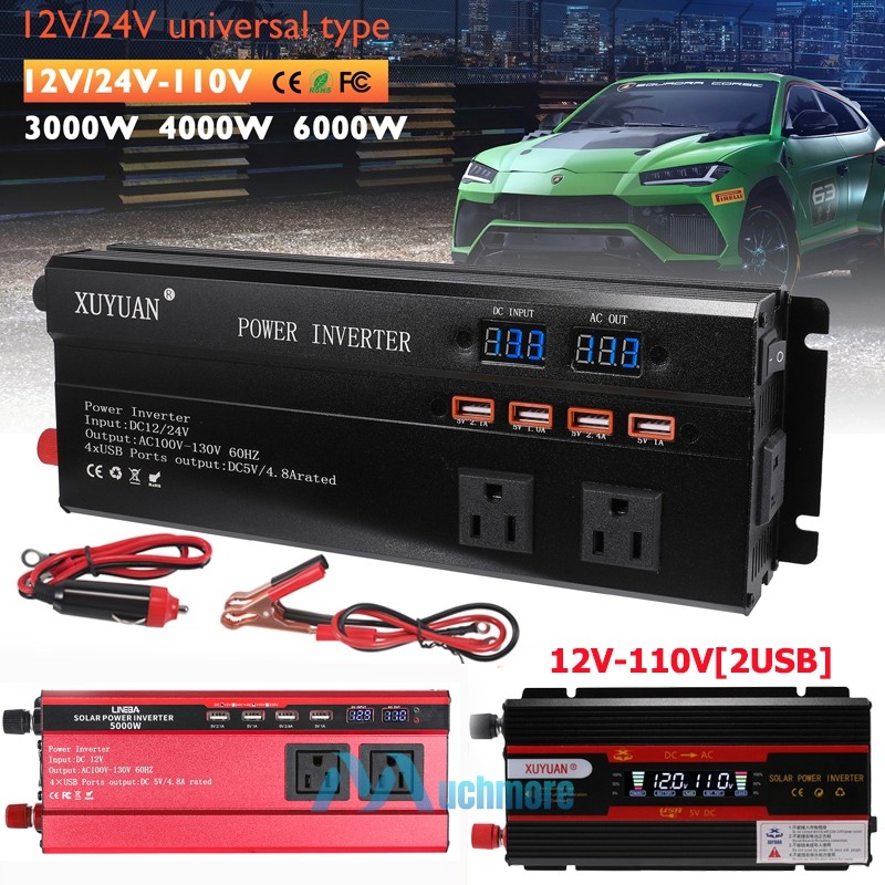 6000W Car Power Inverter 12V/24V to AC 110V Pure Sine Wave Solar Converter LCD