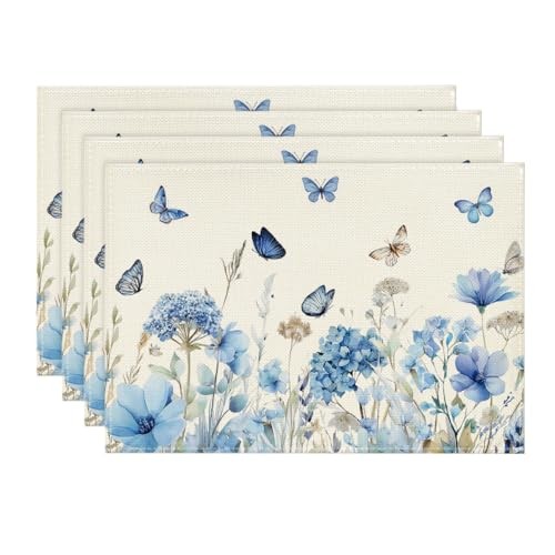 Hydrangea Wildflowers Spring Placemats Set 12" x 18", Rectangular 4 Pcs Beige