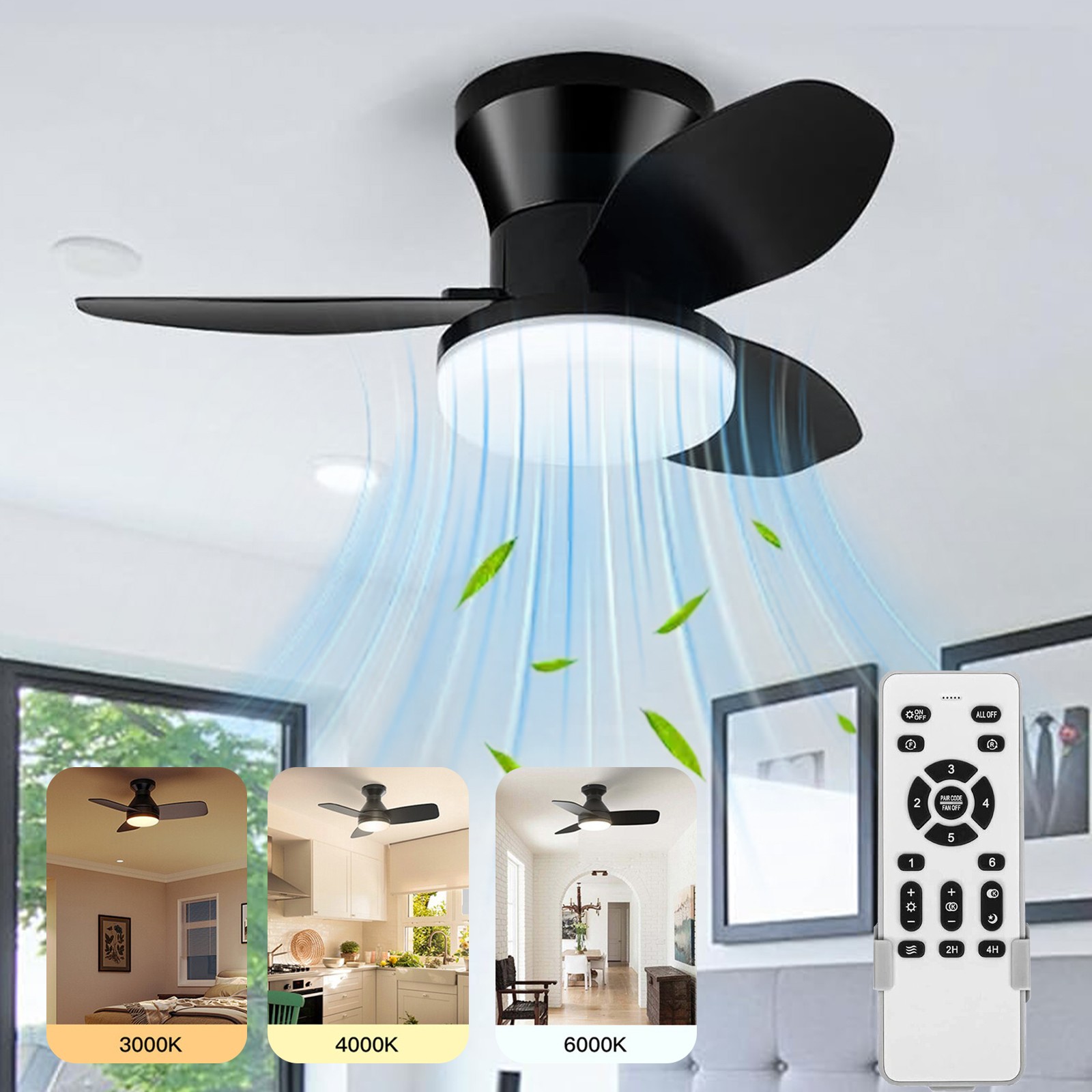 36 Inch Ceiling Fan with Light and Remote Small Low Profile Ceiling Fan Black US