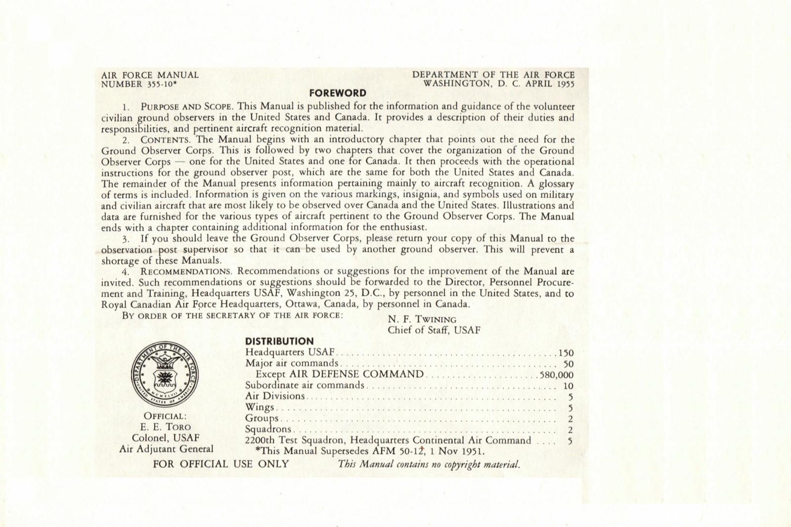 180 p. 1955 AF MANUAL 355-10 AIRCRAFT RECOGNITION FOR GROUND OBSERVER On Data CD