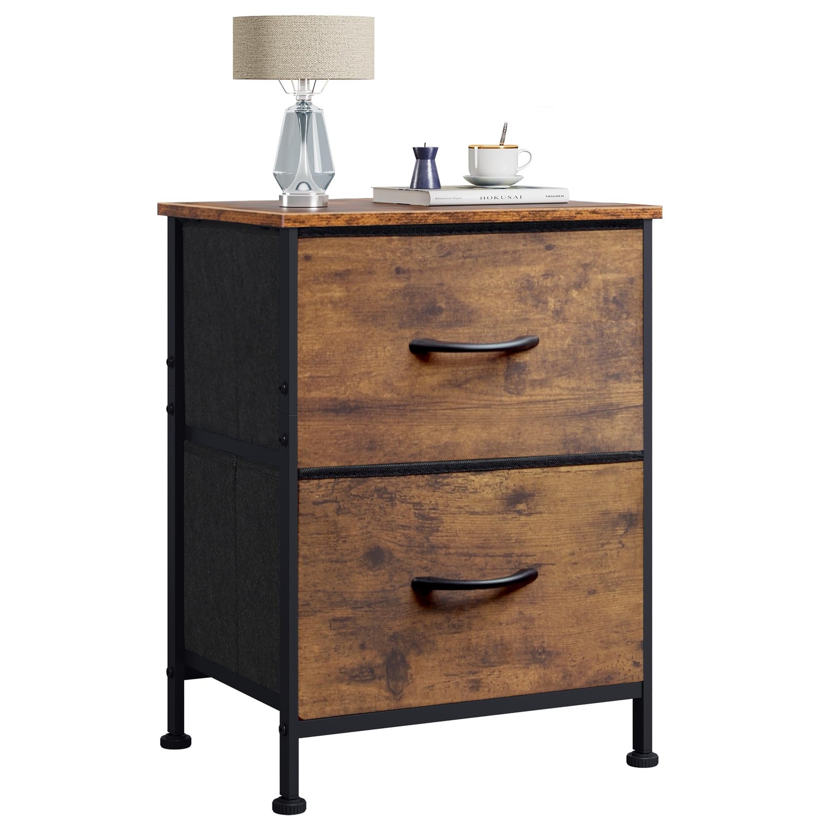 Night Stand, Small Dresser with 2 Drawers & Wooden Top, Nightstand with Fabri...