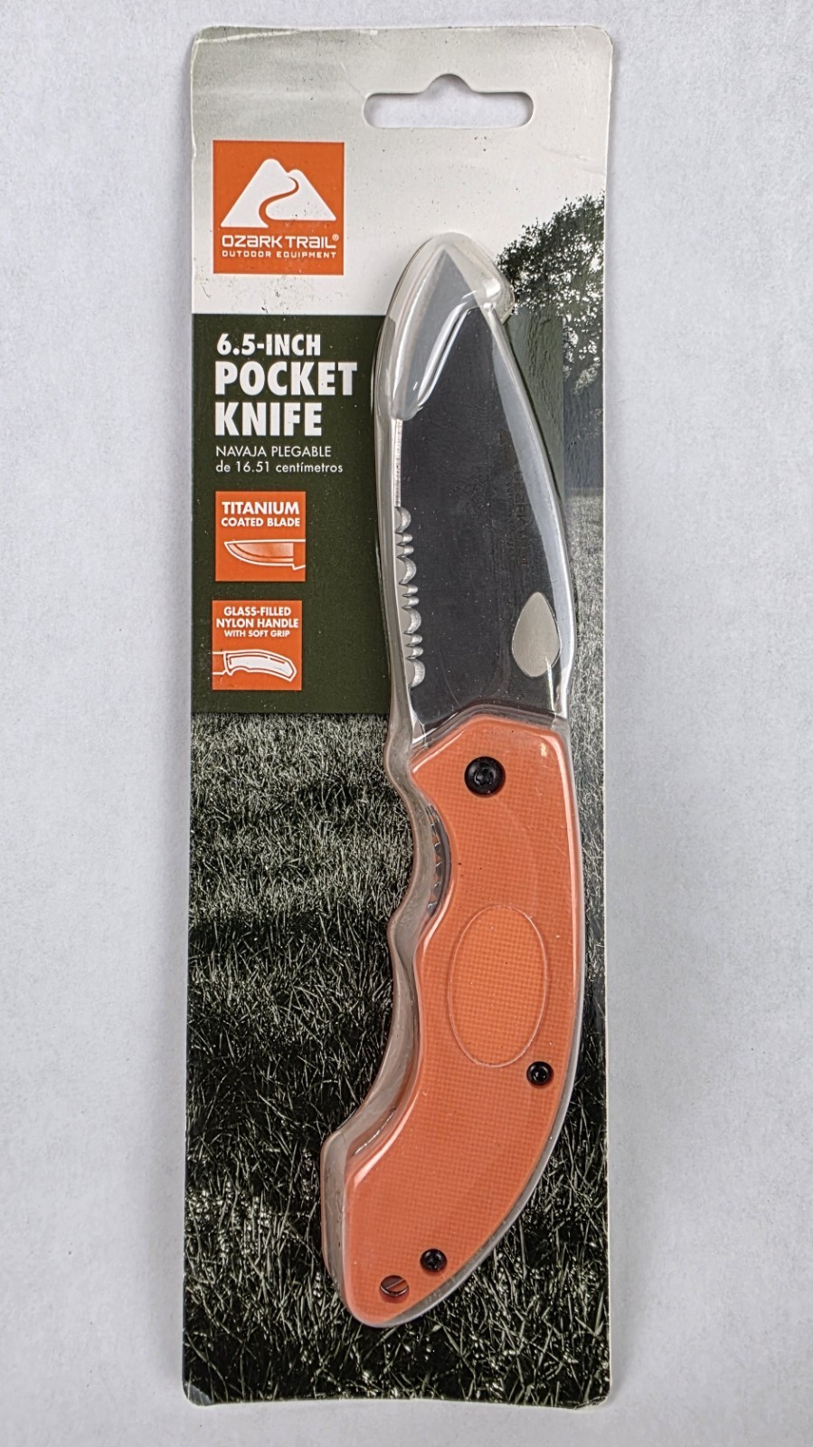 Ozark Trail 6.5" Pocket Knife w/ 2.75" Titanium Coated Blade Orange Nylon Handle
