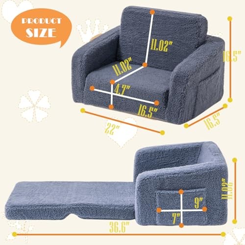 Toddler Baby Chair Couch Sofa Kids Foldable 2-in-1 Sherpa Fold Out Couch Grey