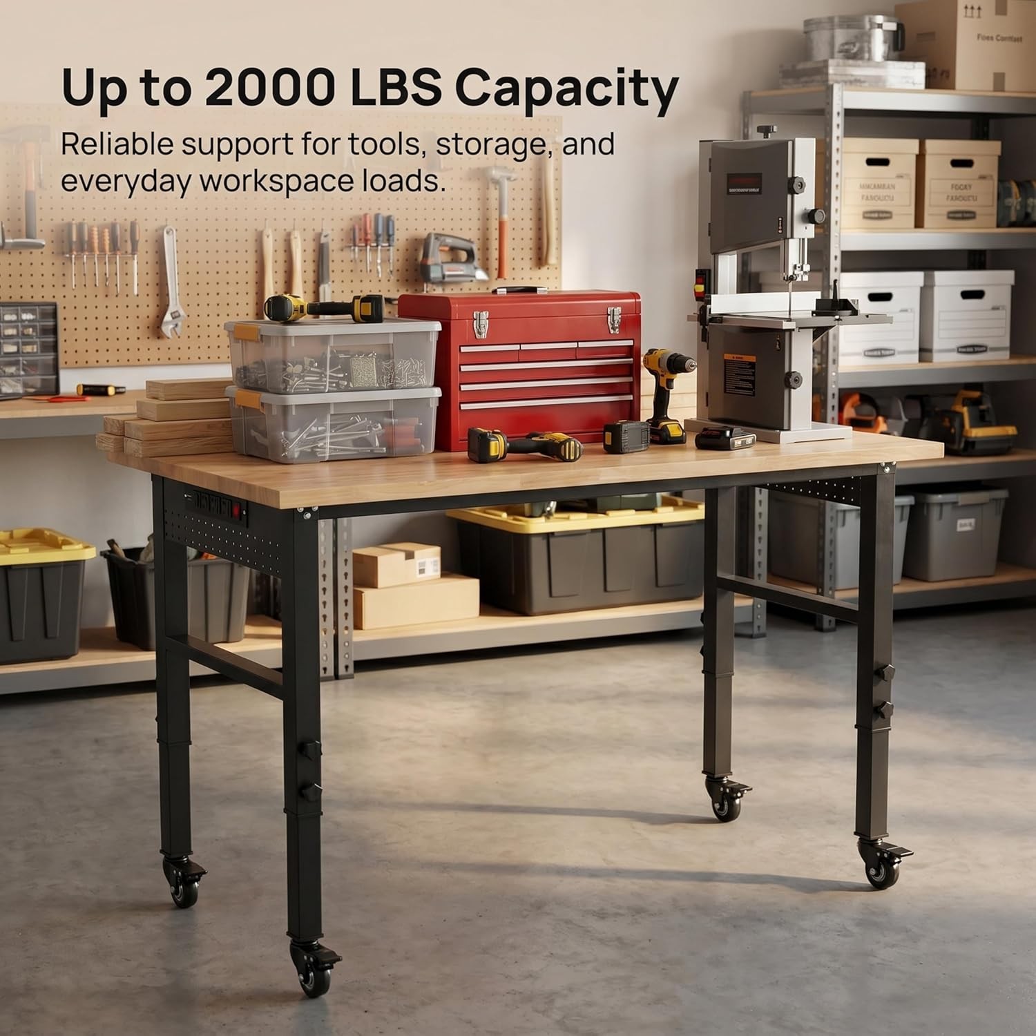 48" Workbench with Wheels, Adjustable Height, Rubberwood Top