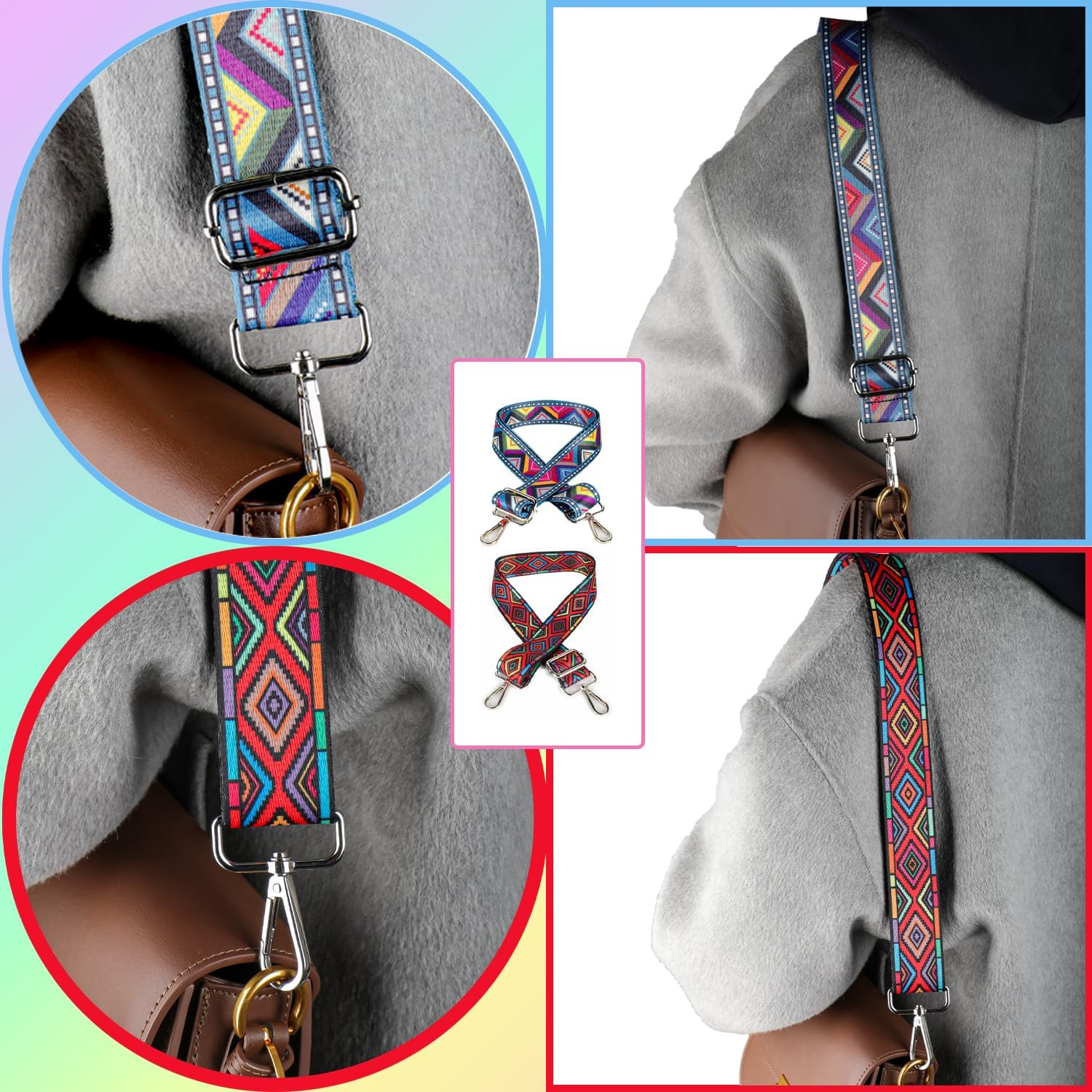 2 PCS Purse Strap, 1.5" Wide Shoulder Strap Adjustable Replacement Retro Multi-p