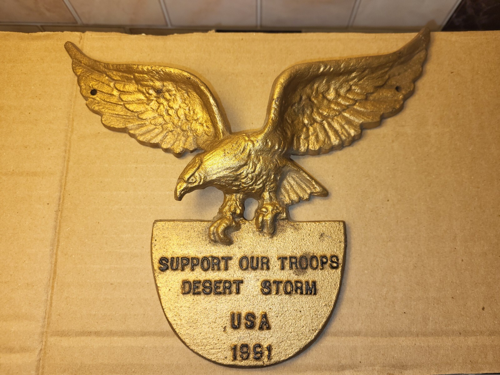 1991 9" X 8" Gold Metal Eagle Holding Support Our Troops Desert Storm USA Crest