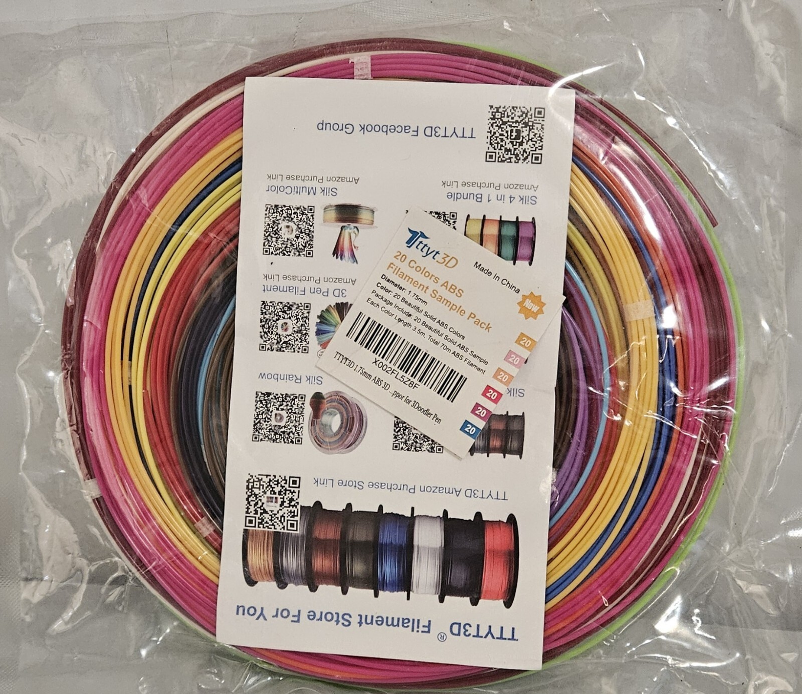 TTYT3D 20 colors ABS Filiment Sample Pack Total 230 ft 3.5m ea. Multi Colors