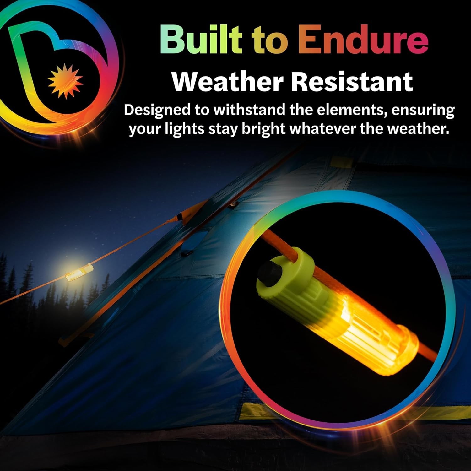 Brightz LED Tent String Lights - Keep Tent Guy-Lines Visible at Night - Campsite