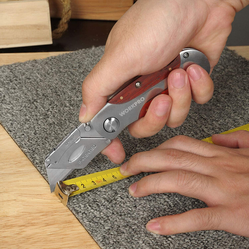 WORKPRO Folding Utility Knife Quick Change Blade Wood Grain Handle and Back Lock