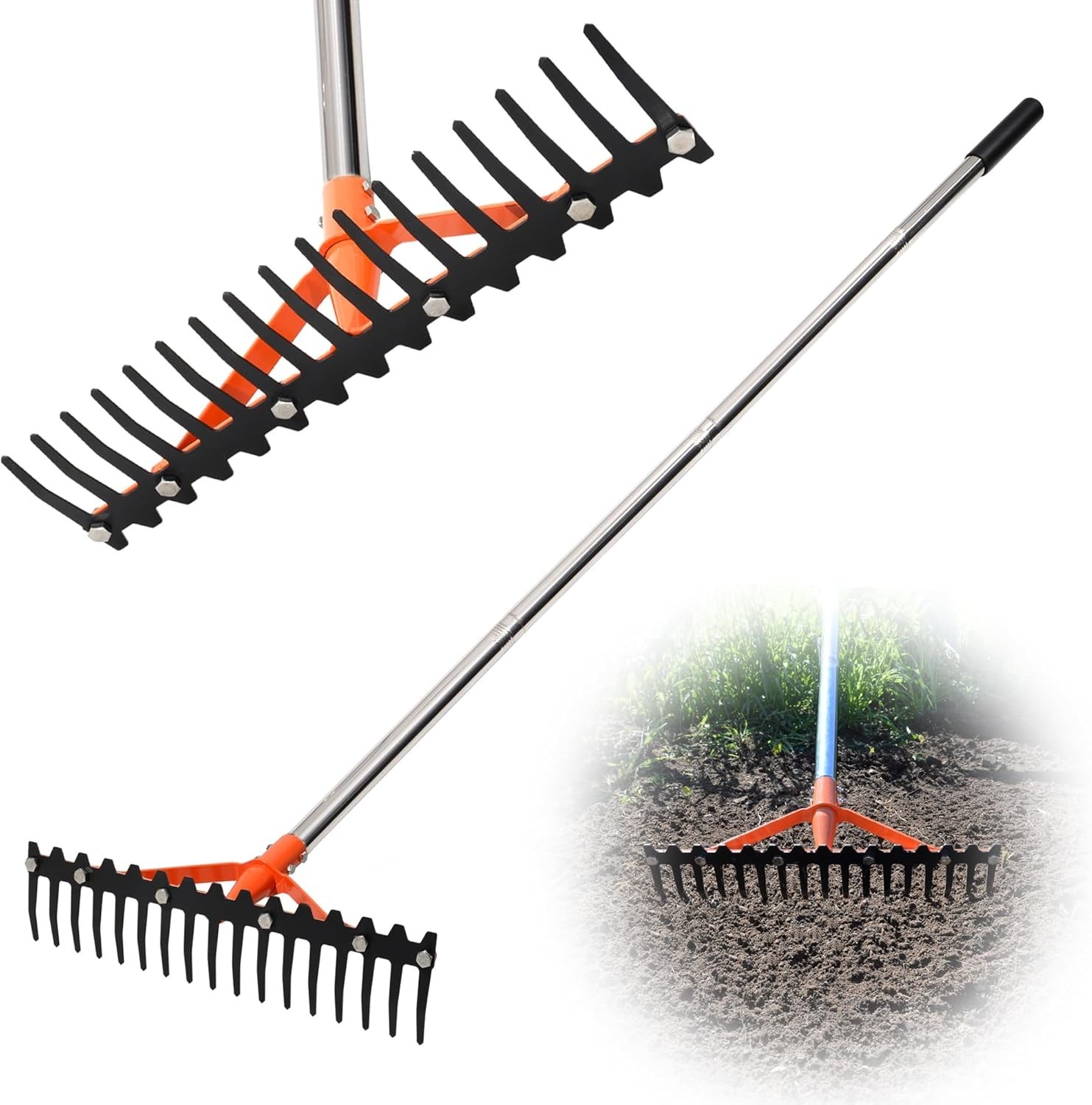 Garden Bow Rake 17 Tempered Steel Tines 62 Inch Adjustable Handle Heavy Duty