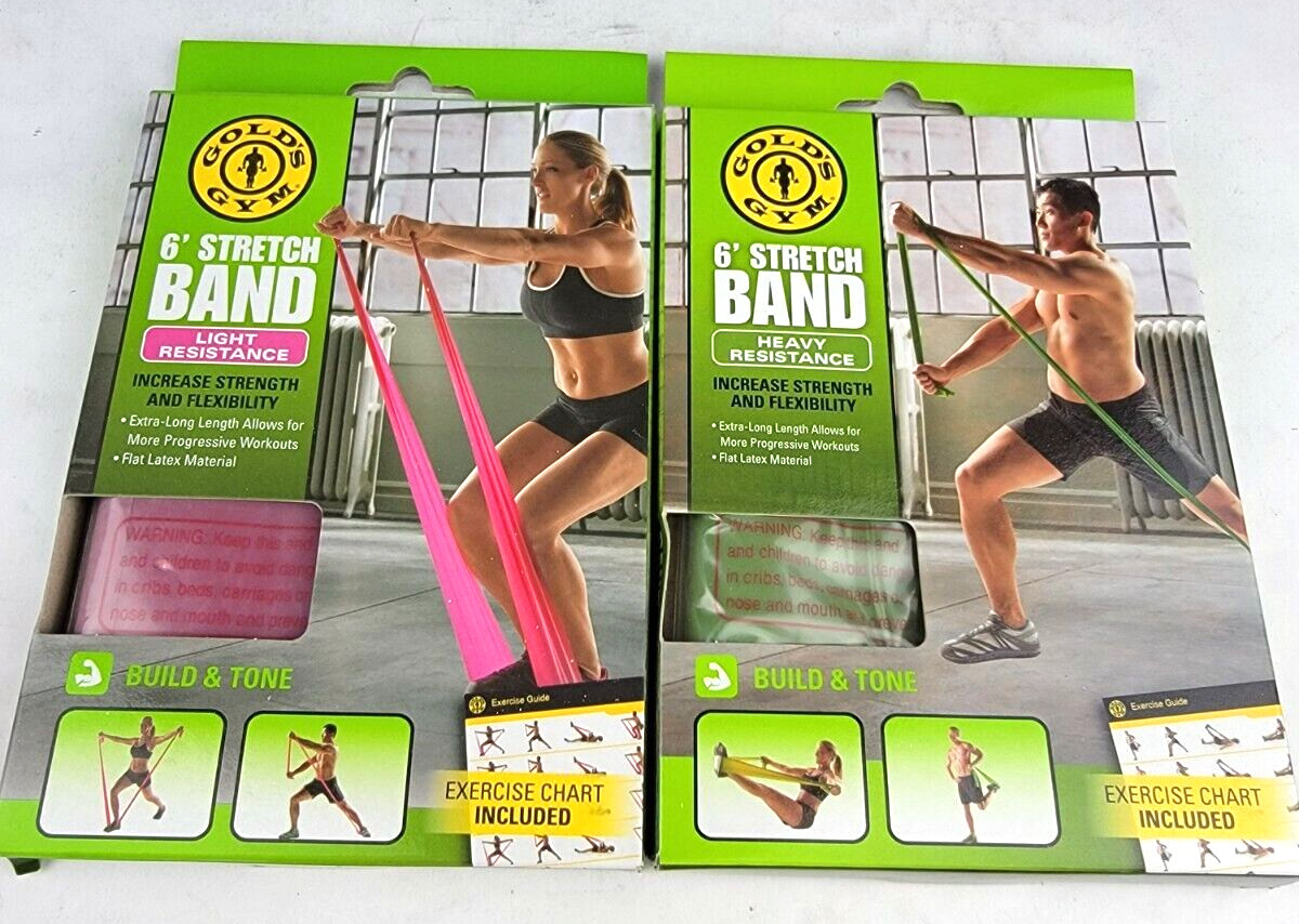 Golds Gym Lot of 2 6' Foot Stretch Bands Light & Heavy Resistance NIB New In Box