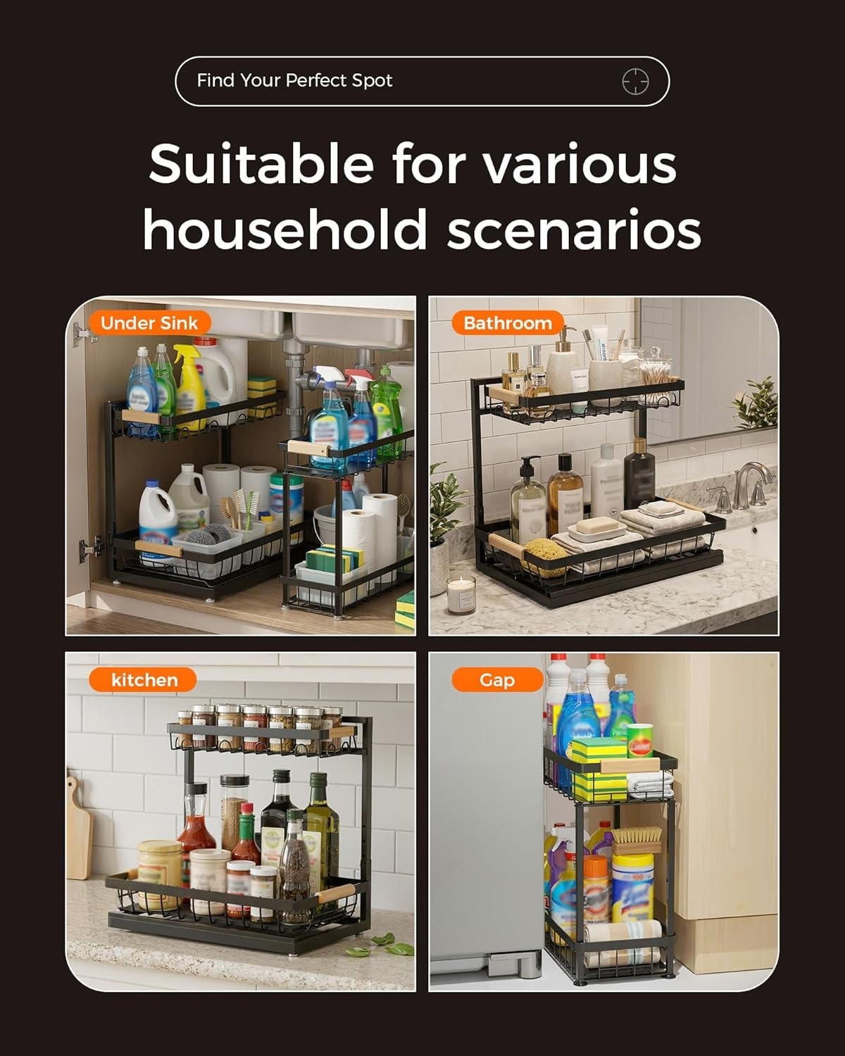 2-Pack 2-Tier Height Adjustable Under Sink Organizer & Storage | Multi-purpos...