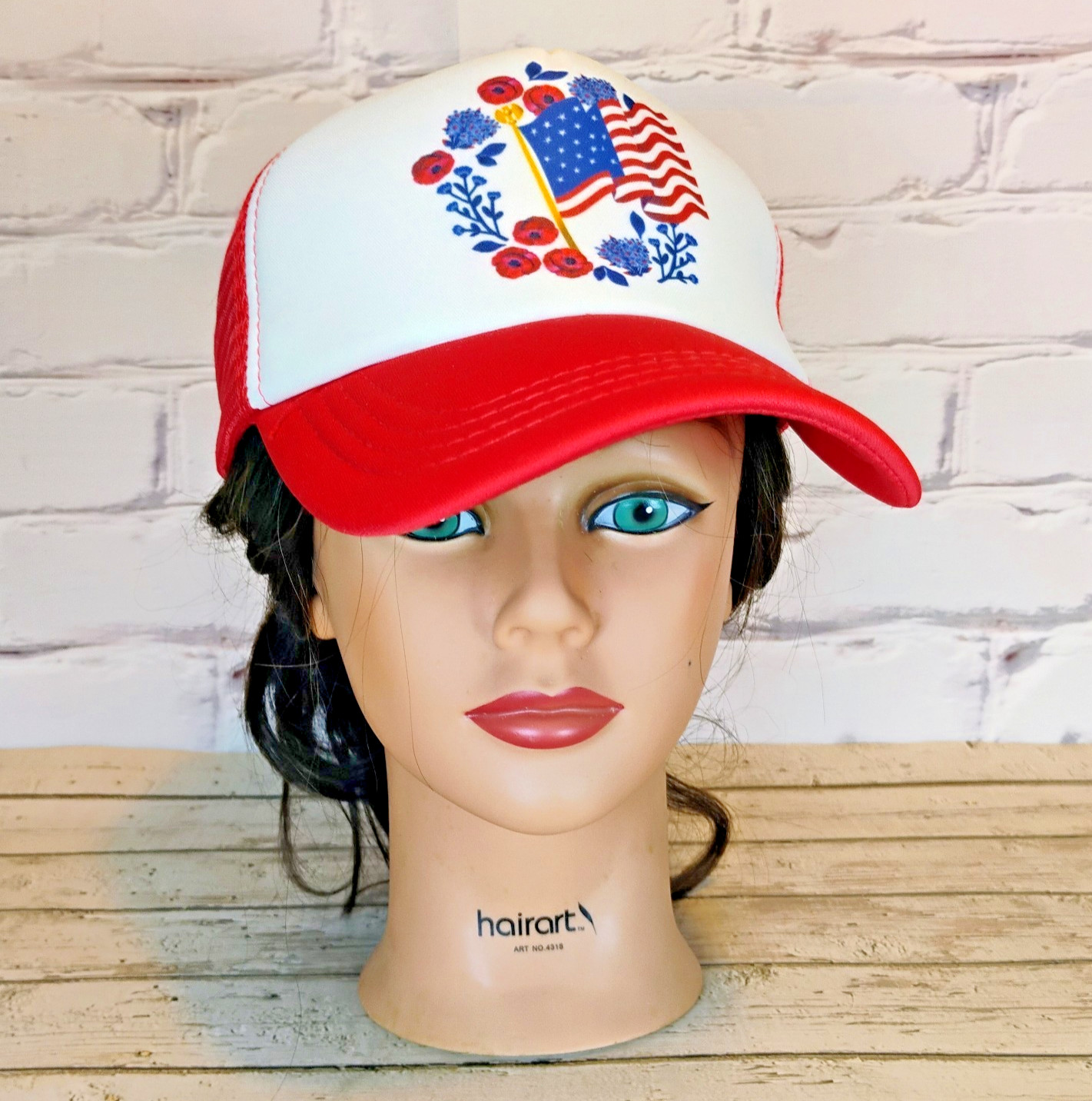 Old Glory Floral Mesh Trucker Hat – Red Bill – Patriotic Unisex Snapback