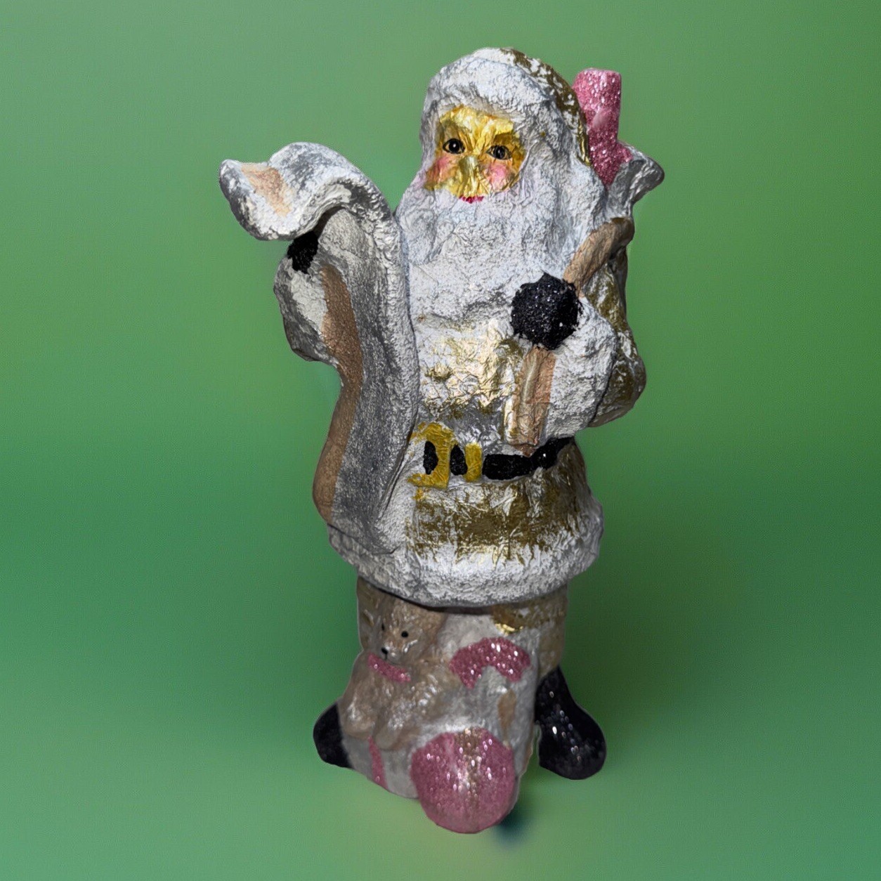 Retro Foil Covered Christmas Santa Table Decor 10” Pink Gold White