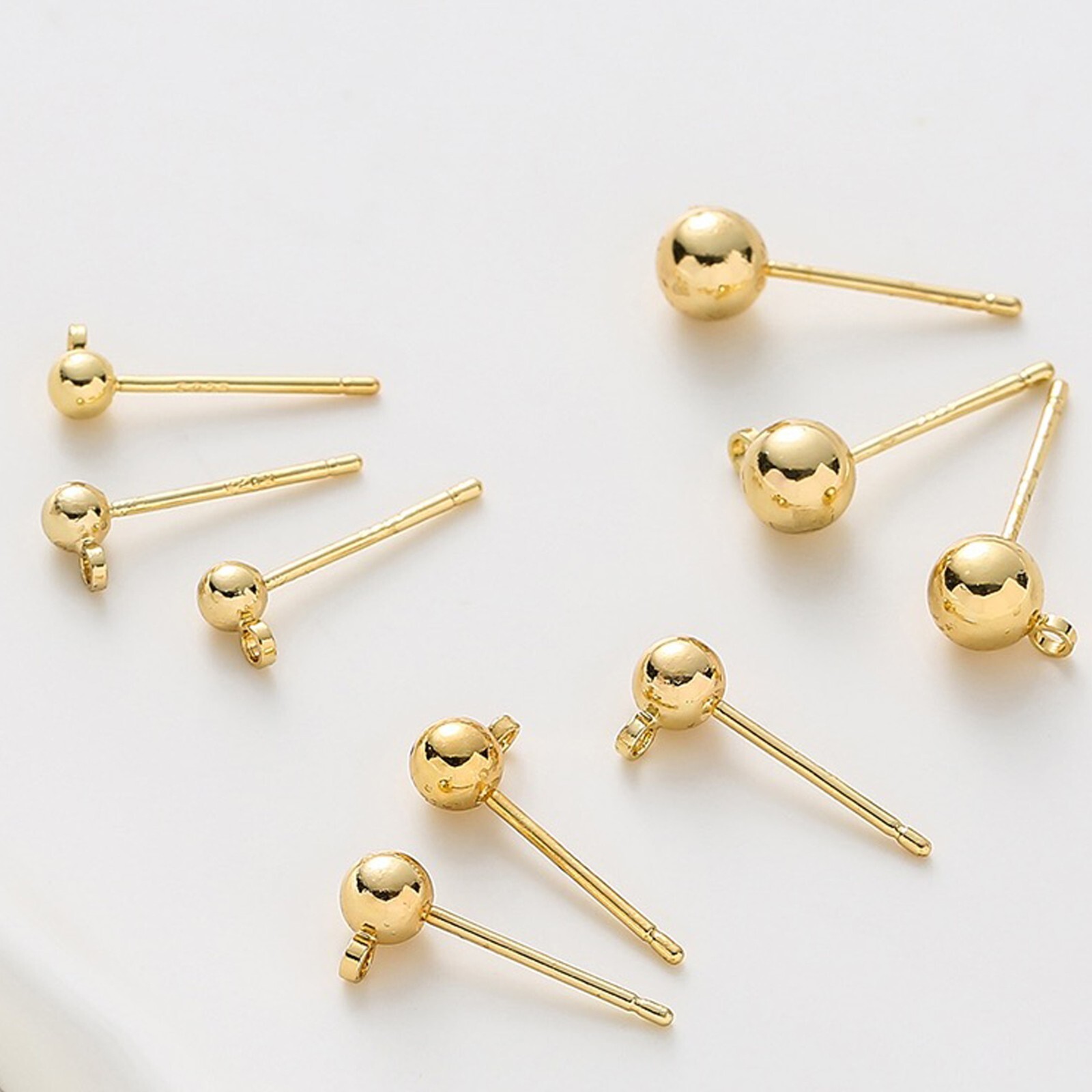 100pcs 14k Gold Ball Post Earring Studs with Loop Nickel Free 3~6mm DIY Findings