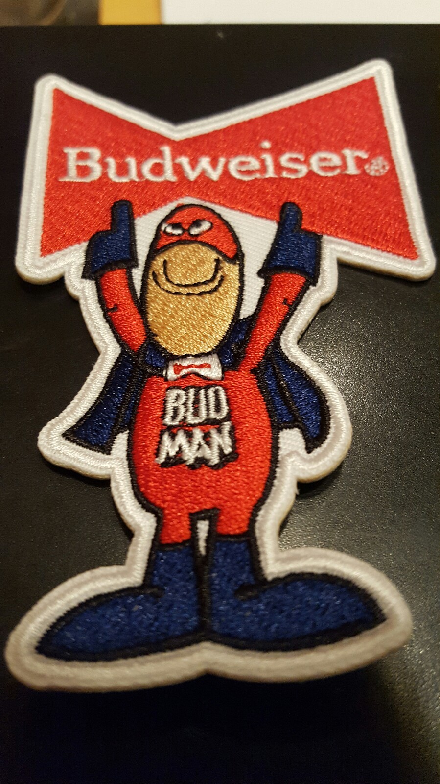BUDWEISER BUD MAN EMBROIDERED IRON ON PATCH 4 X 2.5"