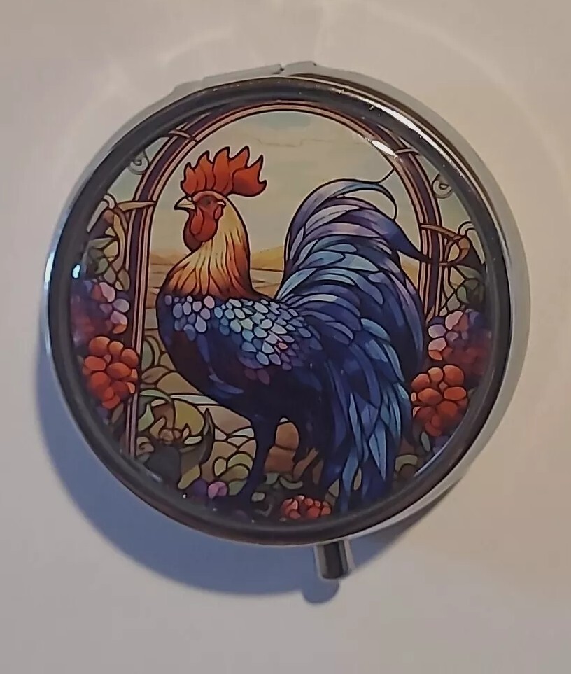 Rooster Pill Box Decorative Case ,Metal Travel gift organizer.