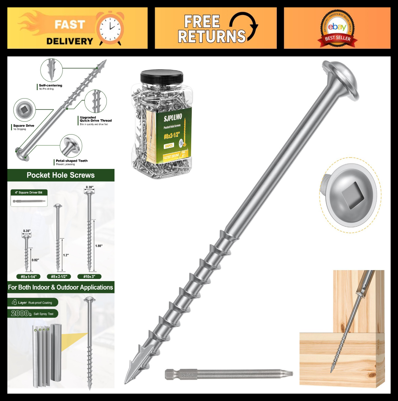 600Pcs 2-1/2" Pocket Hole Screws #8, Asymmetric Quick-Drive Wood Screws for DIY