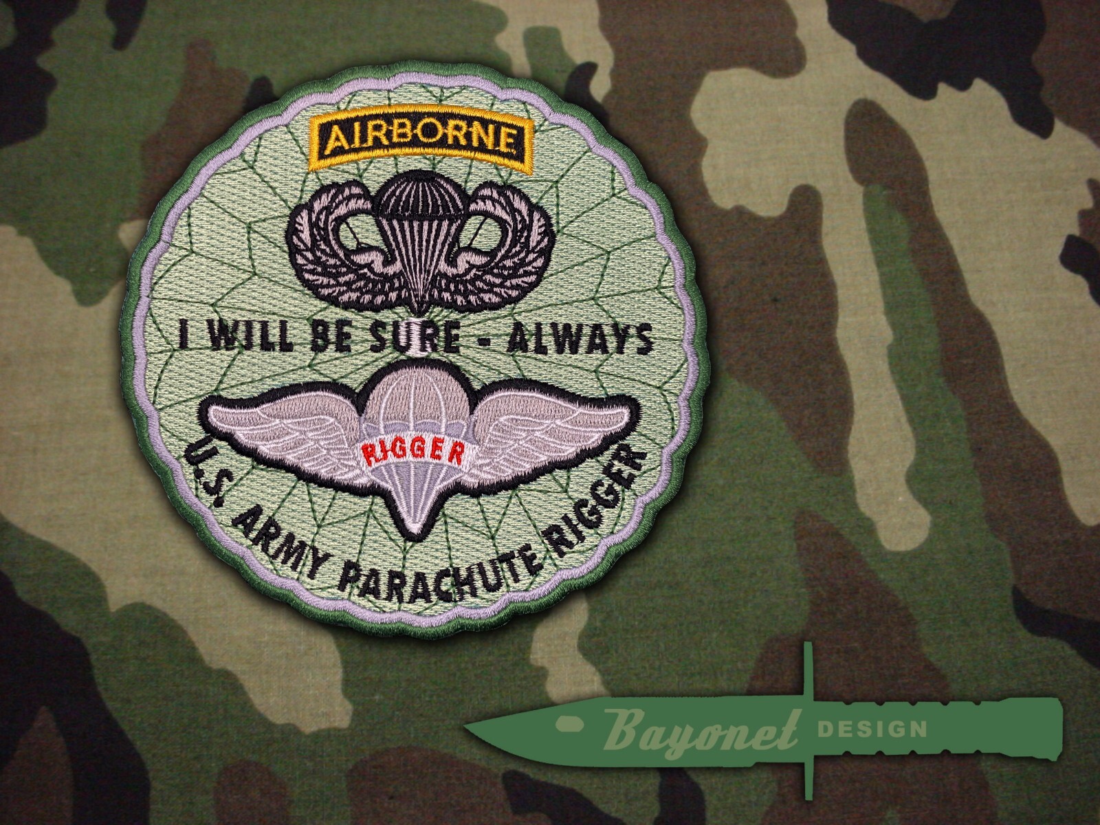 US Army Parachute Rigger Embroidered Patch - 5" Wax backed with merrowed edge