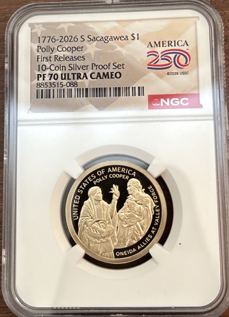 1776 2026 S Sacagawea $1 Polly Cooper NGC PF70 First Releases  Dual Date In stoc