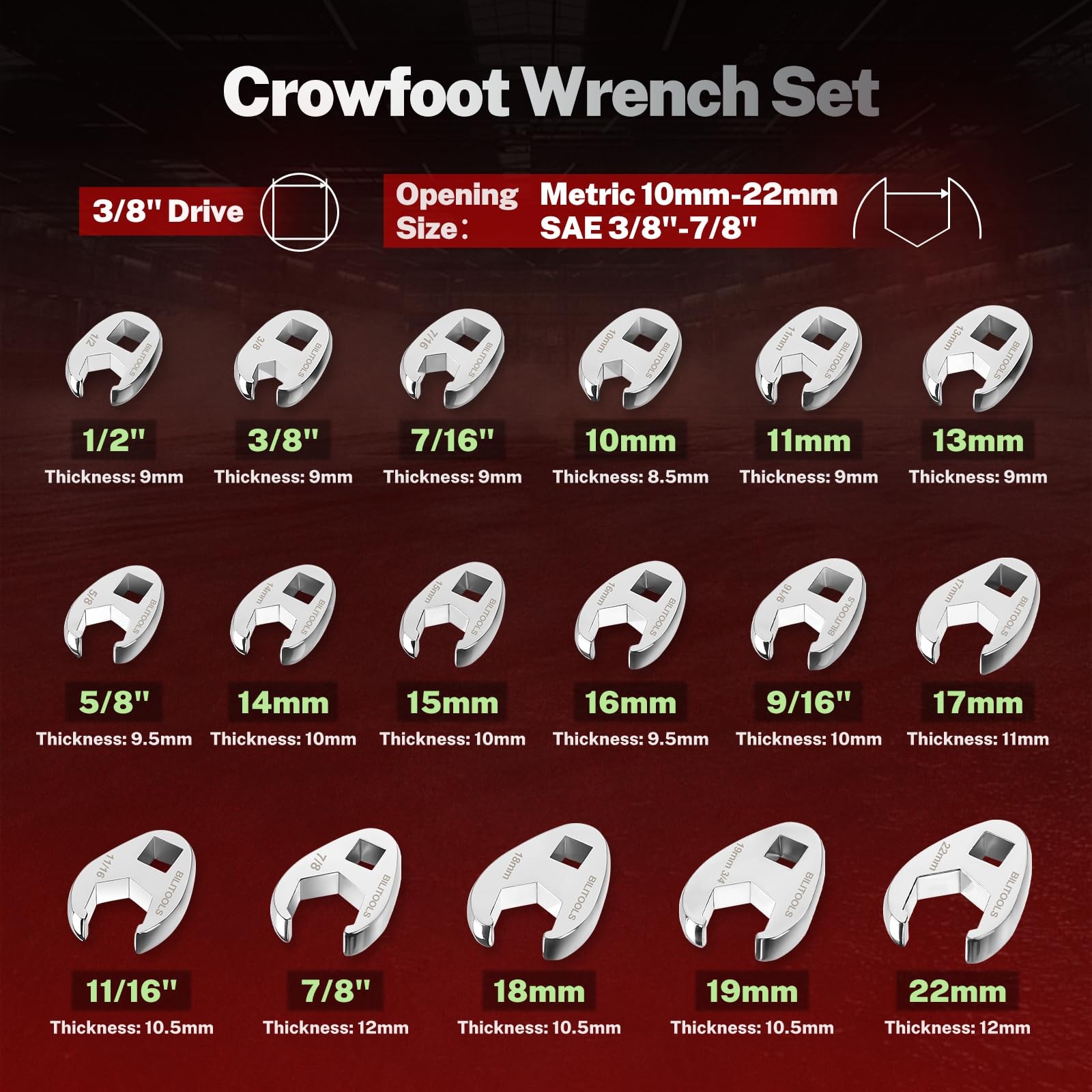 Crows Foot Wrench Set 3/8" Drive Crowfoot Flare Nut Crv Metric 1022mm & Sae 3/8"