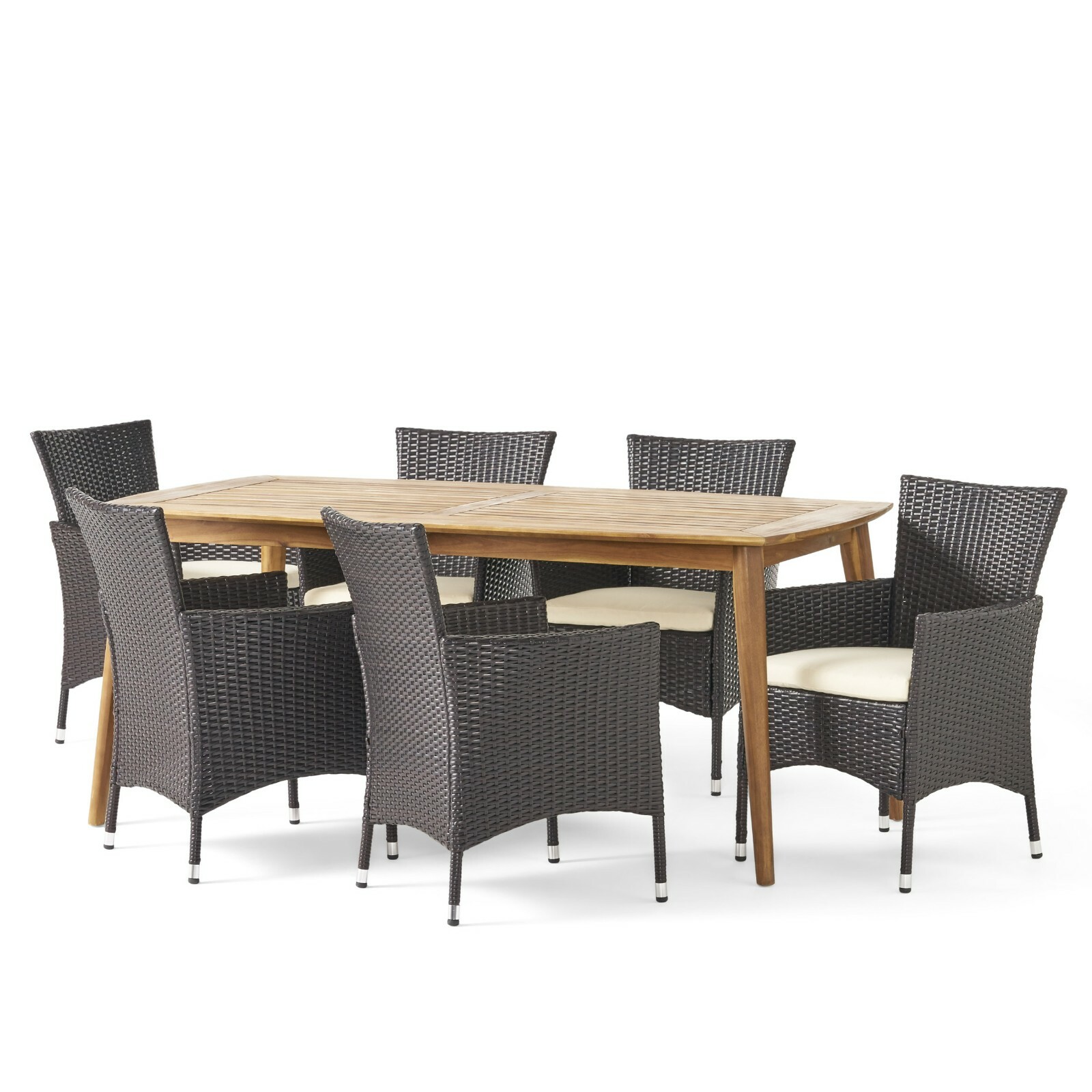 Matthew Outdoor 7 Piece Multibrown Wicker Dining Set with Teak Finish Rectangula